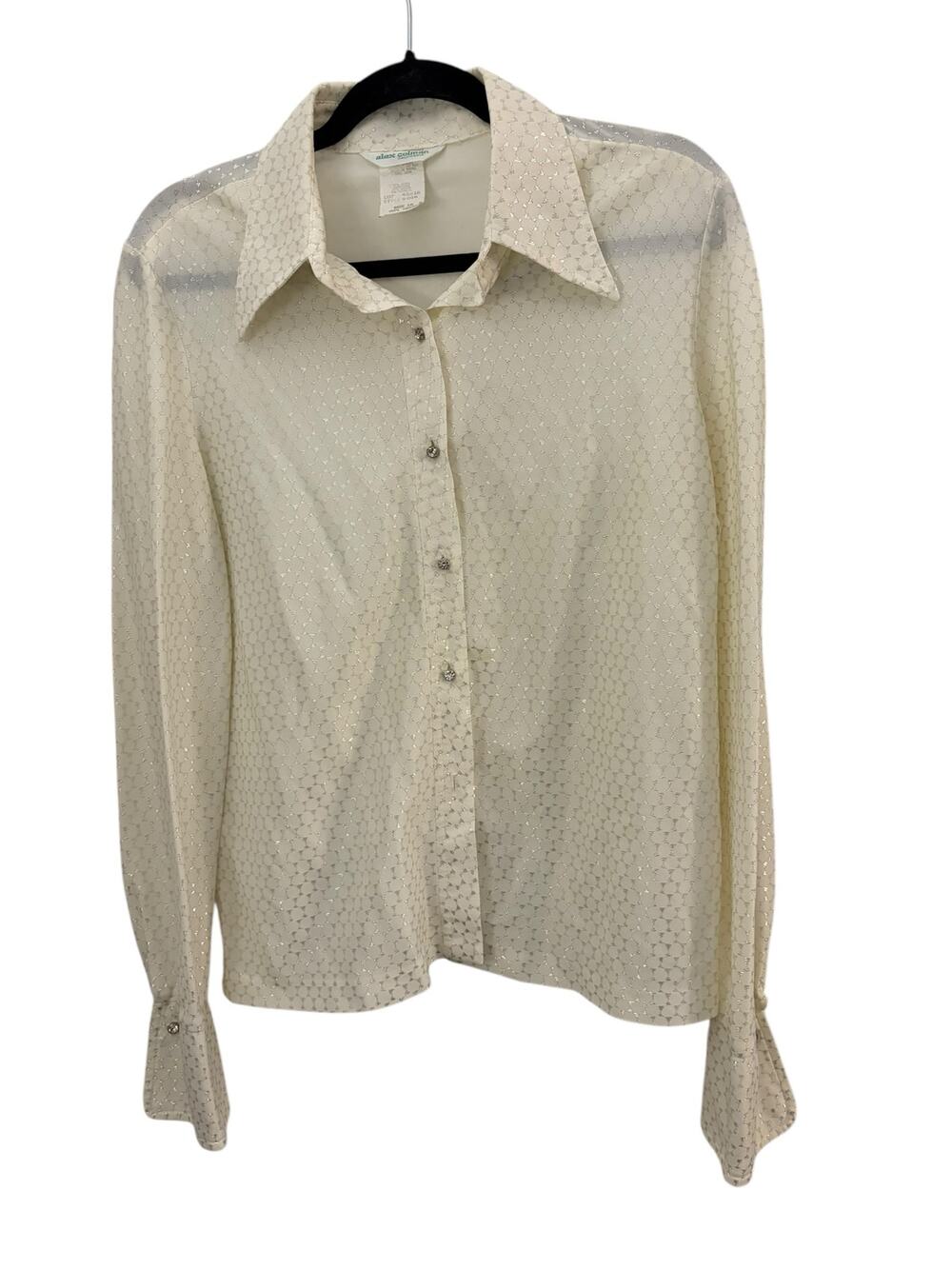 Alex Colman Vintage Blouse White Metallic Thread Rhinestone Buttons Tag=16